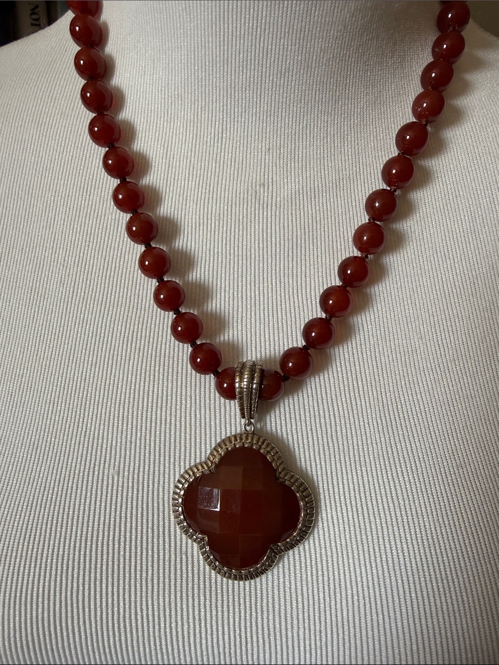 Vintage Whitney Kelly Carnelian set in sterling Red Beaded Necklace with Clover